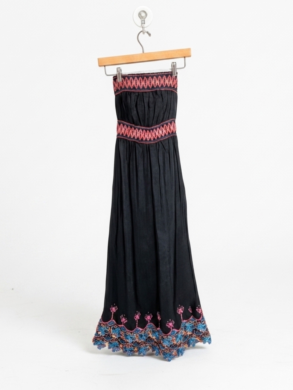 Forever 21 Black Strapless Maxi Dress with Pink & Blue Embroidery Trim Size S